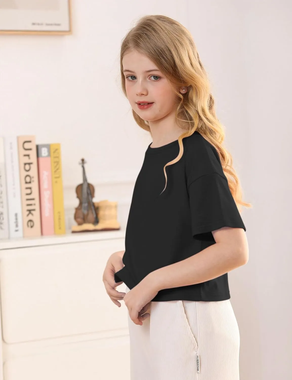 Yuccalley Girls Summer Round Neck Short Sleeve Crop Tees Casual Loose Fit Tees
